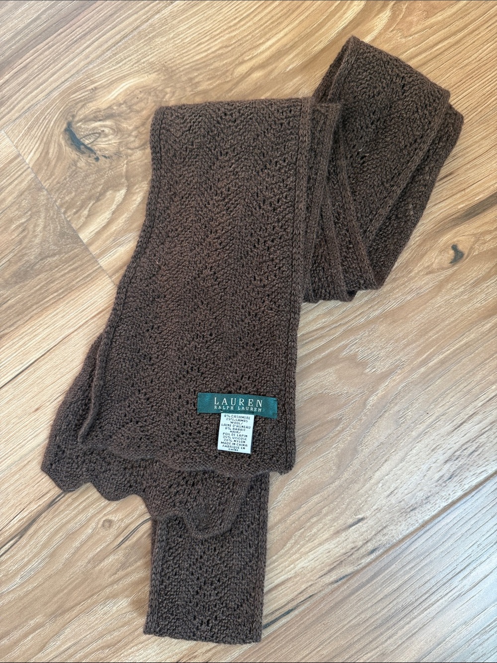 Lauren Ralph Lauren Brown Knit Cashmere Lambswool Blend Long Skinny Scarf